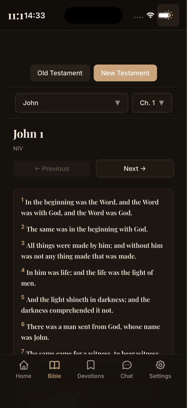 11:1 app Bible reader showing John chapter 1