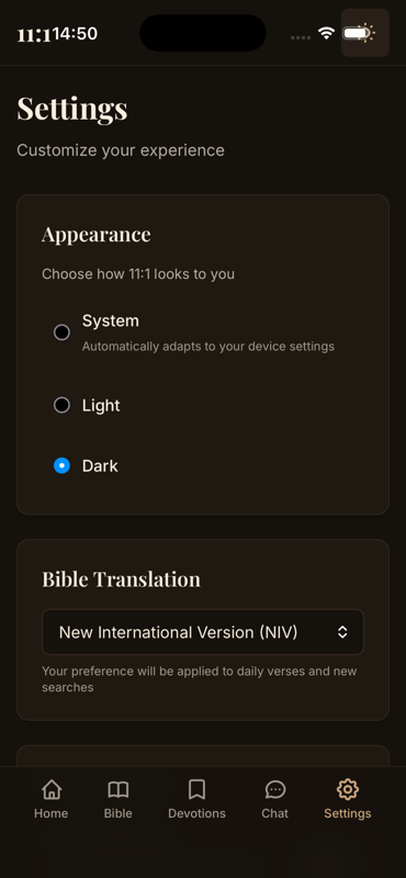 11:1 app settings with appearance and translation options