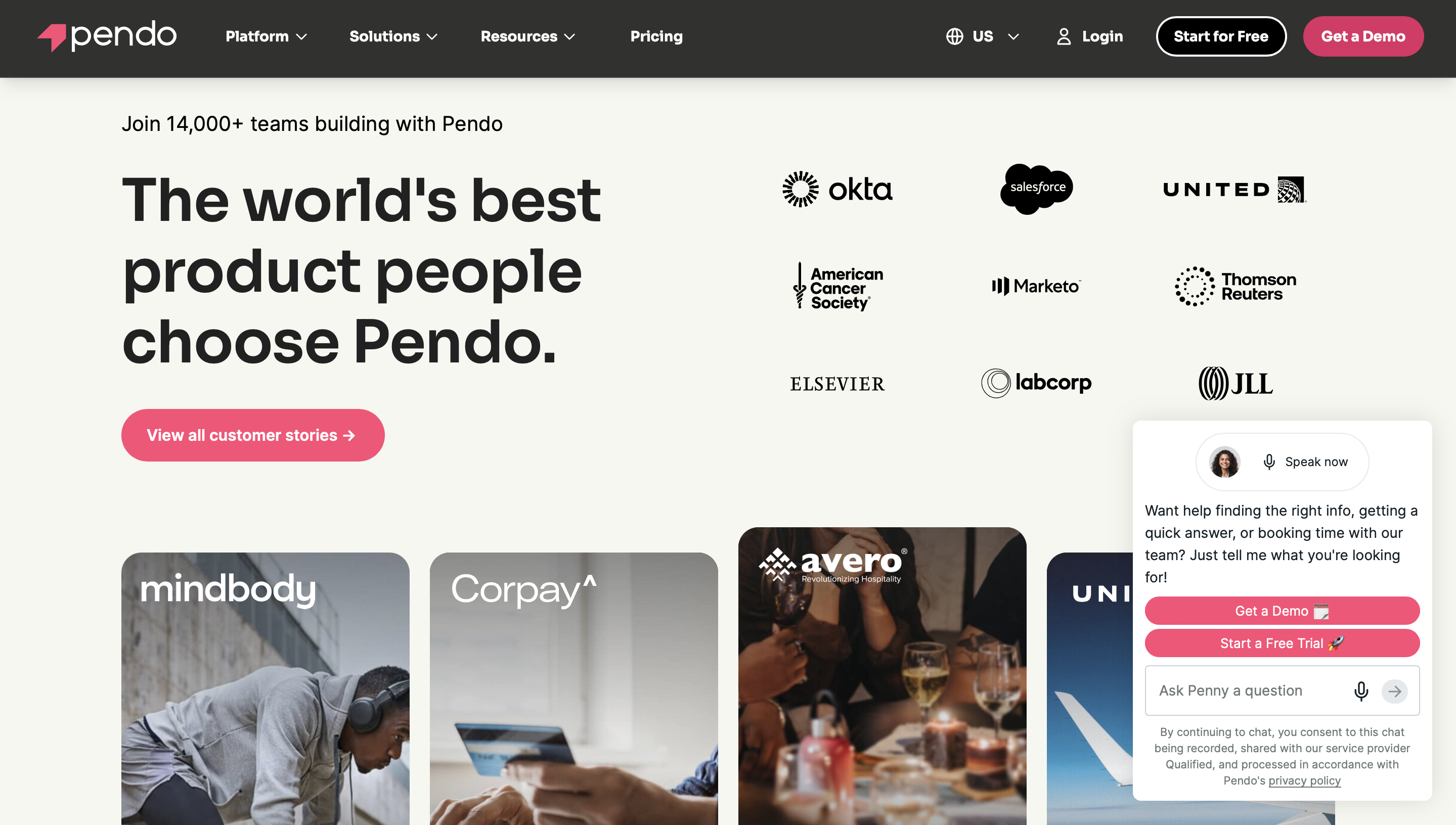 Pendo Software Platform Website Screenshot